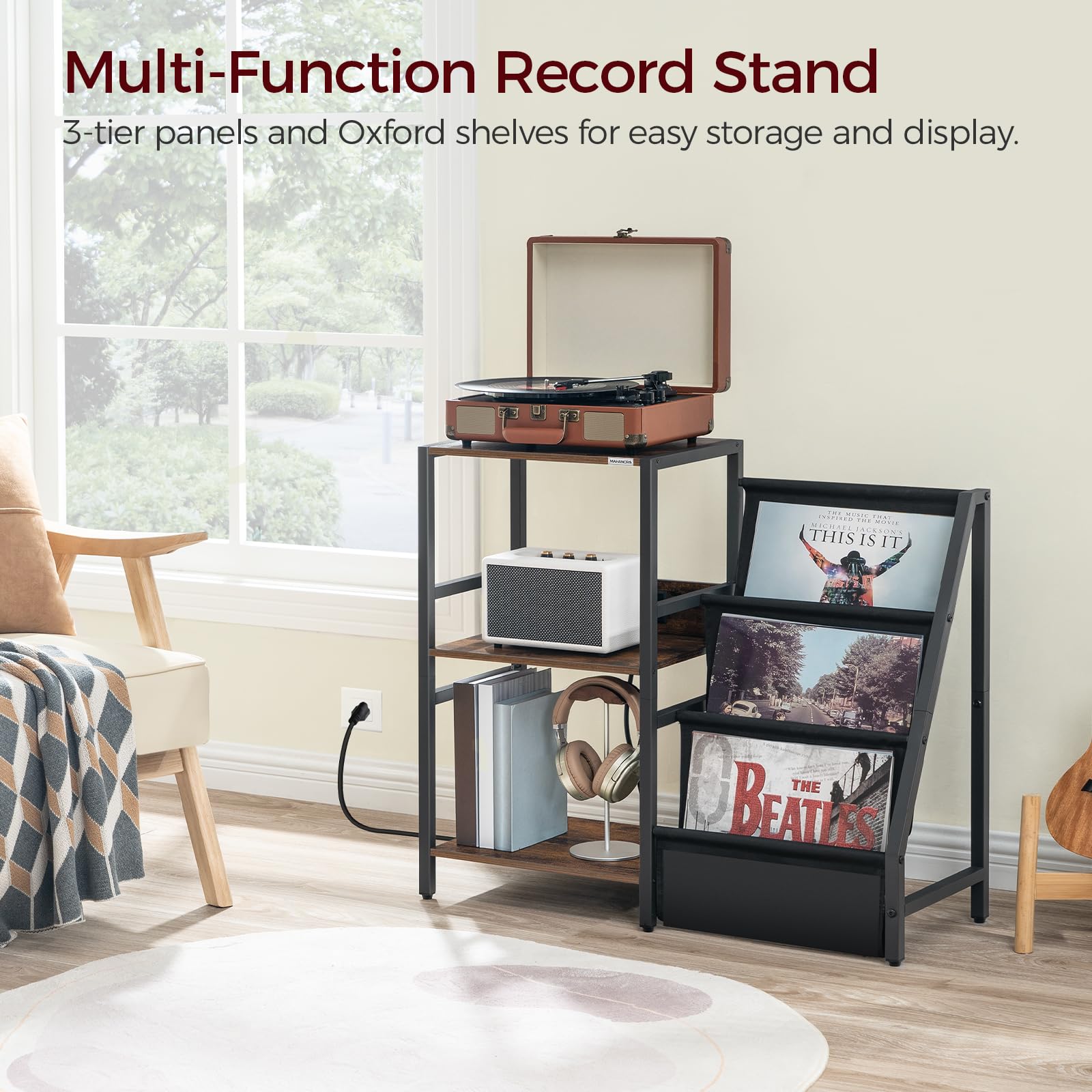 MAHANCRIS Record Player Stand, Turntable Stand with Vinyl Storage, 3-Tier Record Player Storage Holds Up to 210 Albums Record Player Table with Charging Station for Living Room, Rustic Brown  - WoodArtSupply