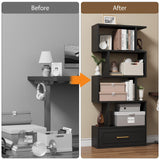 5-Tier Bookshelf, 59” Tall S Shaped Bookcase with Drawer, Freestanding Room Divider with Anti-Tipping Device, Wood Geometric Open Storage Display Shelf for Living Room,Study Room,Home Office(Black) HOTLUU