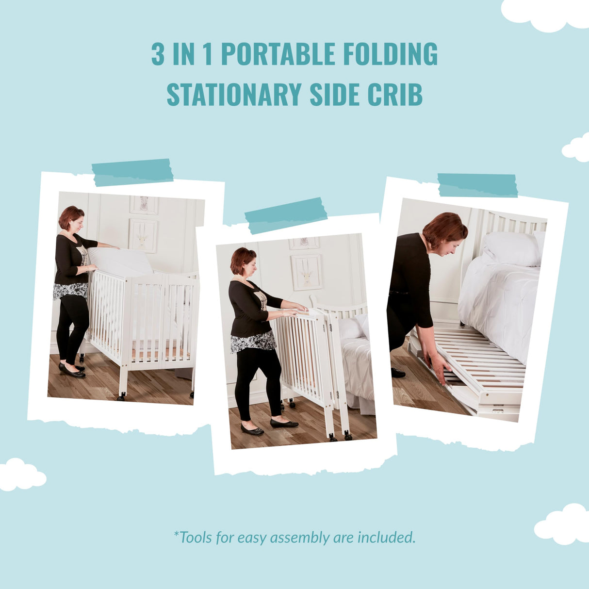 Dream On Me 3 in 1 Portable Folding Stationary Side Crib in Espresso, Greenguard Gold Certified , 41x26x40 Inch (Pack of 1) Dream On Me