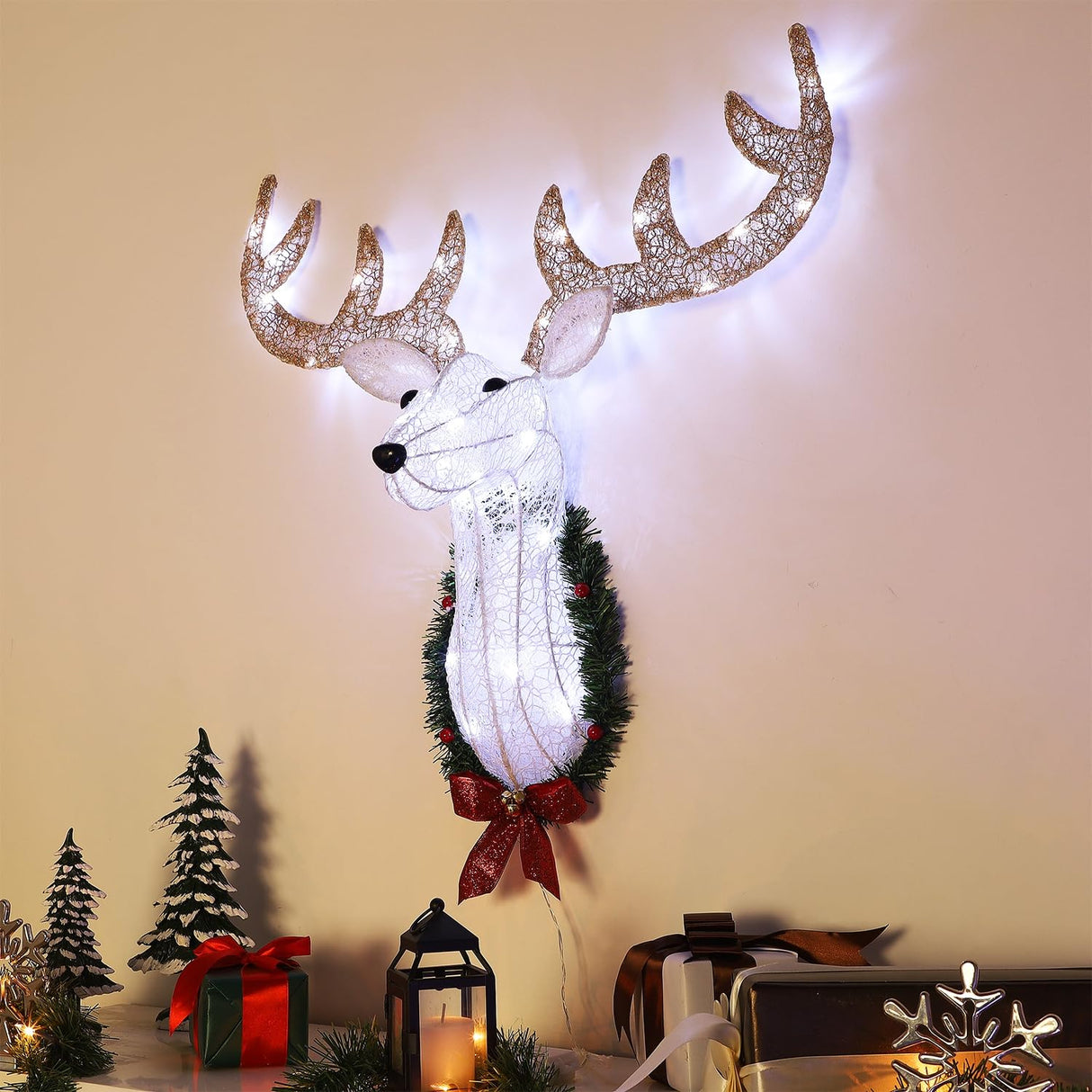WATERGLIDE Lighted Christmas Wall Decor Reindeer Head, 28" Pre-Lit 3D Rudolph Hanging Wreath with Battery Operated, 8 Modes & Timer, Light Up for Front Door Window Indoor Outdoor Festive Xmas Holiday WATERGLIDE