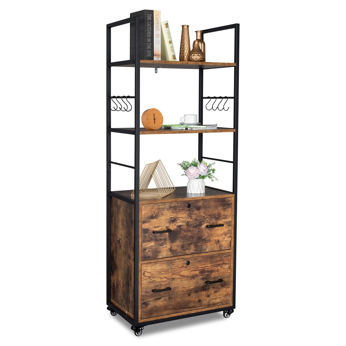 VINGLI Rustic Brown 65.7" Lockable 2 Drawer File Cabinet with Shelves - Versatile Freestanding/Rolling Design for Home Office - WoodArtSupply