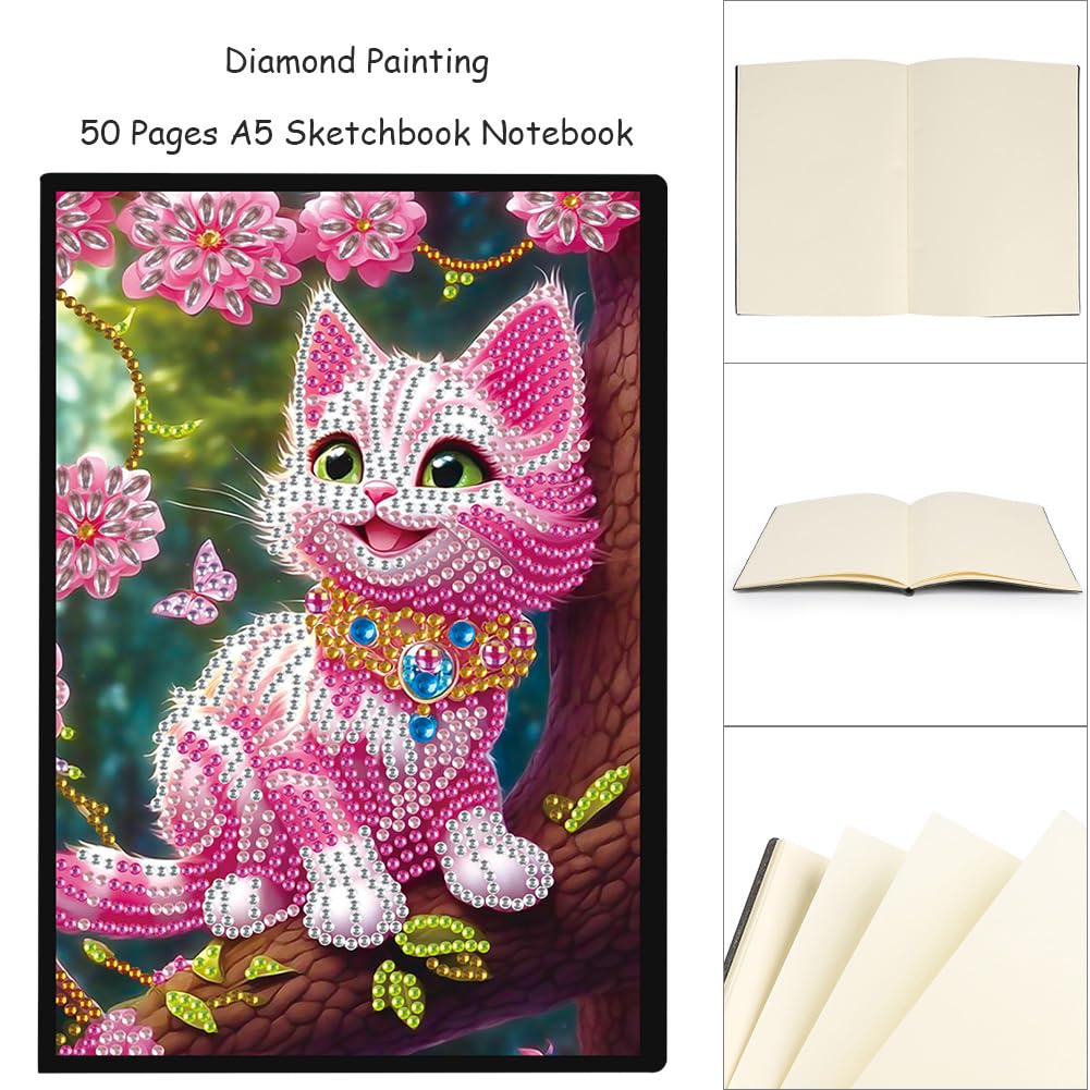 5D Diamond Art Painting Notebook Kits 50 Pages A5 Special Shaped Pink Cat Pattern Diamond Inlaid Handmade Notepad Drill Painting Wireless Strip Diary Book Birthdays Gifts for Teens Generic