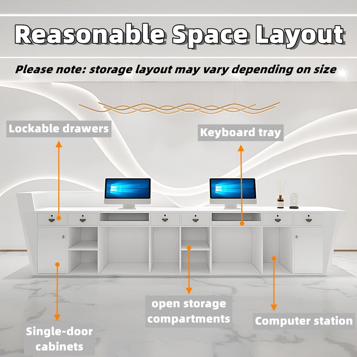 Reception Desk - Modern Front Desk with Retail Counter, Checkout Counter, Features Hidden LED Lighting, Ample Storage Space, Solid Wood Construction, No Assembly Required (White & Gray, 76") ZGNBSD