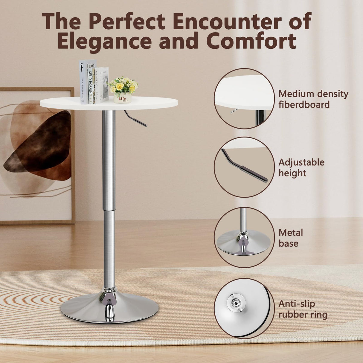 CLATINA Round Bar Pub Tables Set of 4, 26"-36" Height Adjustable Bistro Table with Metal Base, 360° Swivel High Top Cocktail Table for Home Kitchen Party Drink Restaurant Wedding Cafe Reception, White CLATINA