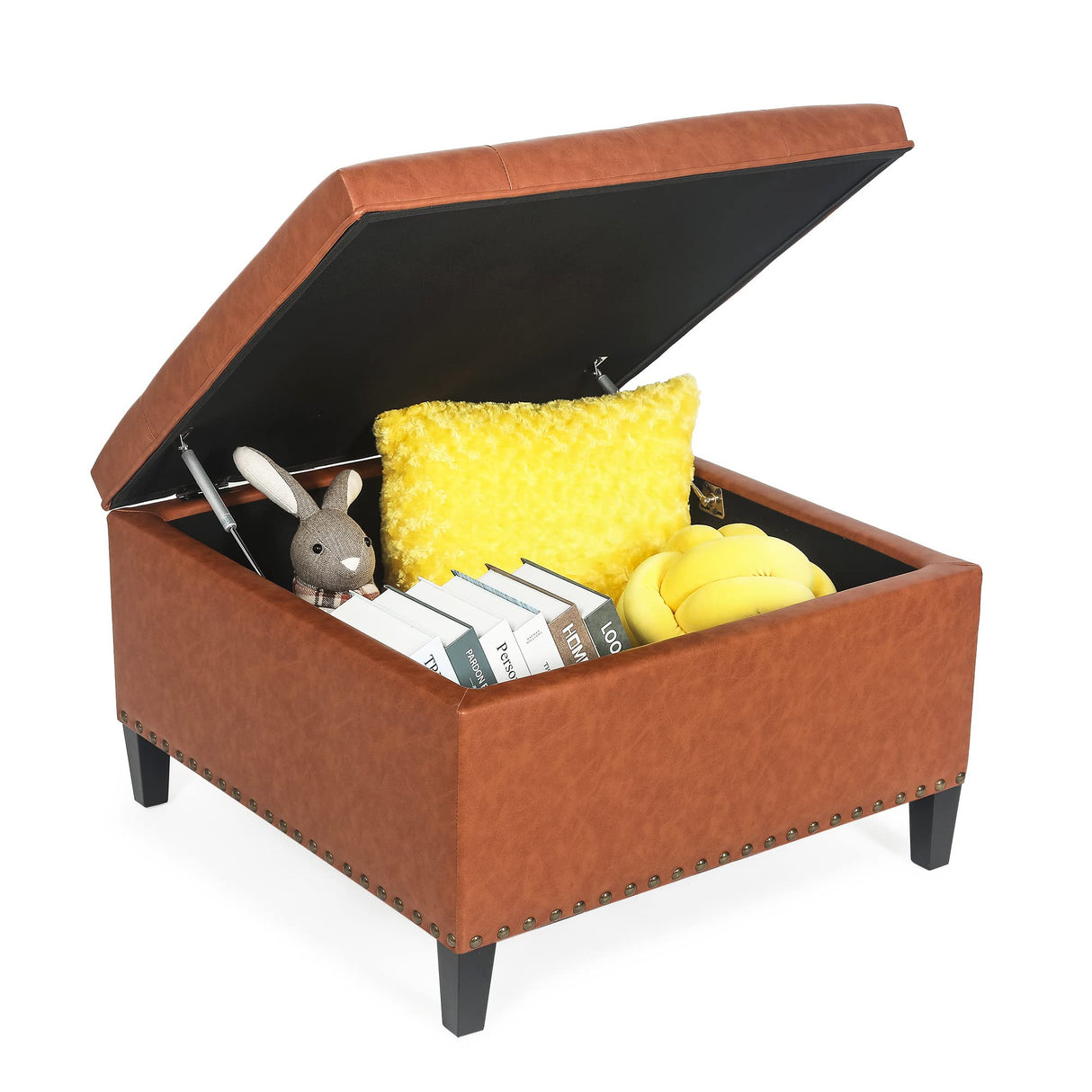 Homebeez Faux Leather Storage Ottoman Bench, Square Coffee Table Footstool Footrest with Wood Legs for Living Room (Cognac Brown) Homebeez