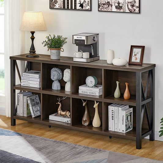 FATORRI Rustic 8-Cube Storage Organizer Bookshelf - Industrial Walnut Brown Bookcase for Living Room - WoodArtSupply