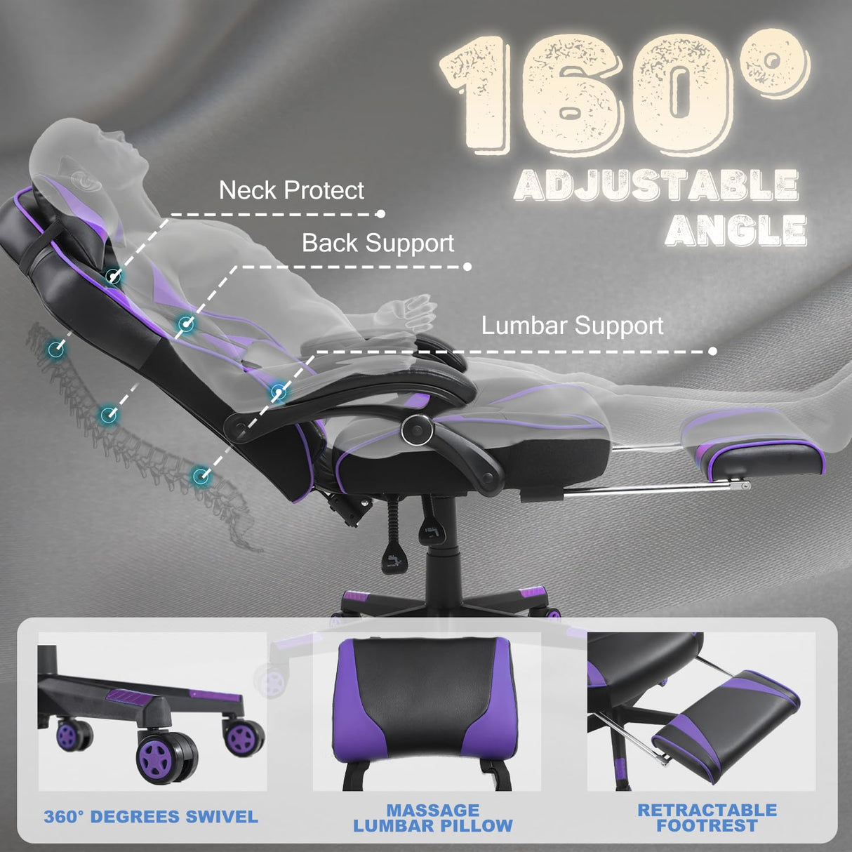 Vonesse Gaming Chair for Adults,Computer Chair with High Back,Big and Tall Gaming Chairs with Footrest and Massage,Reclining Gamer Chair(Purple/Black) Vonesse