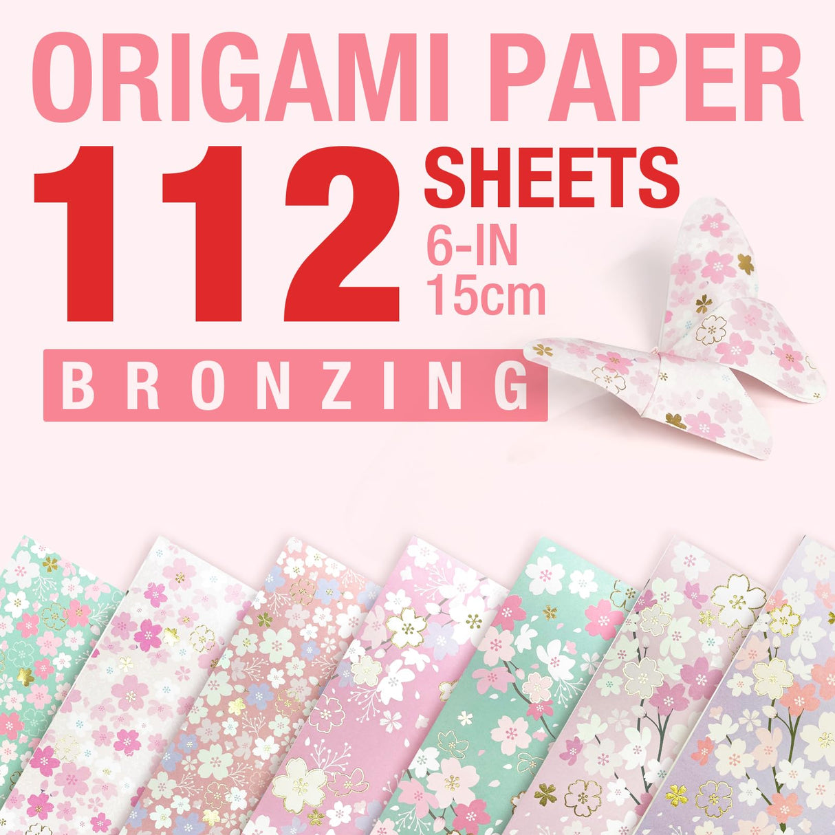 CUTBLAJAT 112 Sheets Heavier Origami Paper Japanese Cherry Blossom Pattern Sakura Bronzing Chiyogami 6" 15cm Washi Easy Fold Paper for Beginner cutblajat