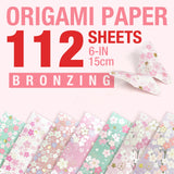 CUTBLAJAT 112 Sheets Heavier Origami Paper Japanese Cherry Blossom Pattern Sakura Bronzing Chiyogami 6" 15cm Washi Easy Fold Paper for Beginner cutblajat