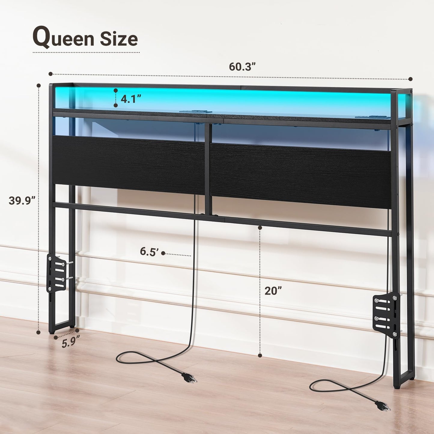 ELYKEN Queen Size Headboard with Power Outlet and Colourful LED Strip Light - Black - WoodArtSupply