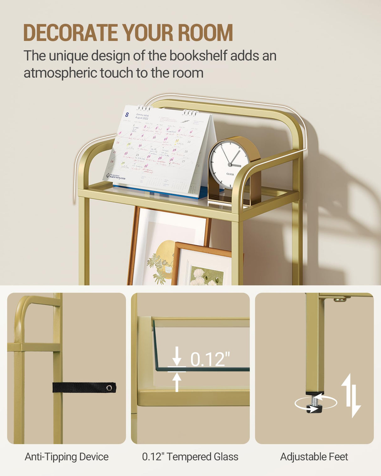 Hzuaneri Bookshelf, Tall Narrow Bookcase with LED Lights, Tempered Glass Bookshelves with Steel Frame, Display Shelf, Slim Shelving Unit for Living Room, Bedroom, 9.6"D x 15.4"W x 66.5"H Gold BC34699G Hzuaneri