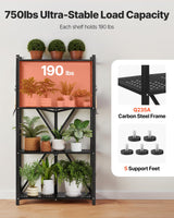 VEVOR 4-Tier Foldable Storage Shelf, 28W x 13D x 54H Inch Folding Metal Rack Shelving Unit, No Assembly Organizer Shelf with 5 Wheels & 4 Hooks for Pantry, Kitchen, Garage, Basement, Black VEVOR