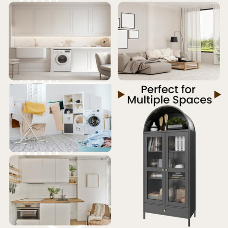 JFHID 73'' Arched Metal Storage Cabinet, Modern Kitchen Pantry with Glass Door, Drawer & Adjustable Shelves, Curio Display Bookcase for Kitchen, Dining or Living Room JFHID