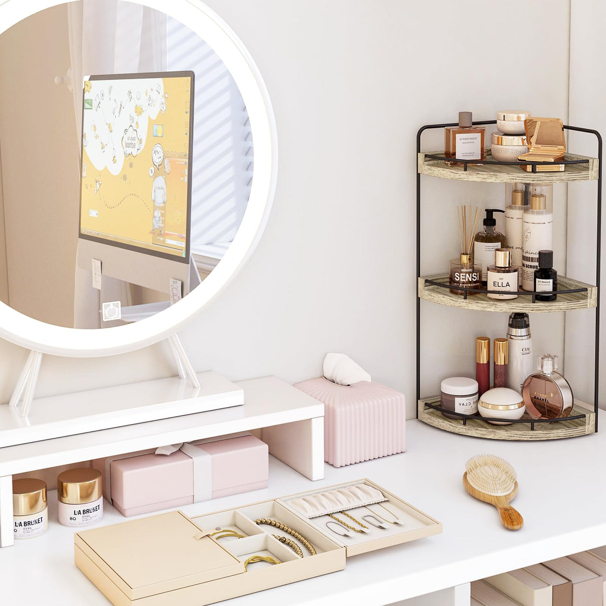 Fixwal Corner Bathroom Counter Organizer, 3 Tier Rustic Bathroom Organizer, Wood Countertop Storage Tray for Vanity, Kitchen, Bedroom (Light Brown) Fixwal