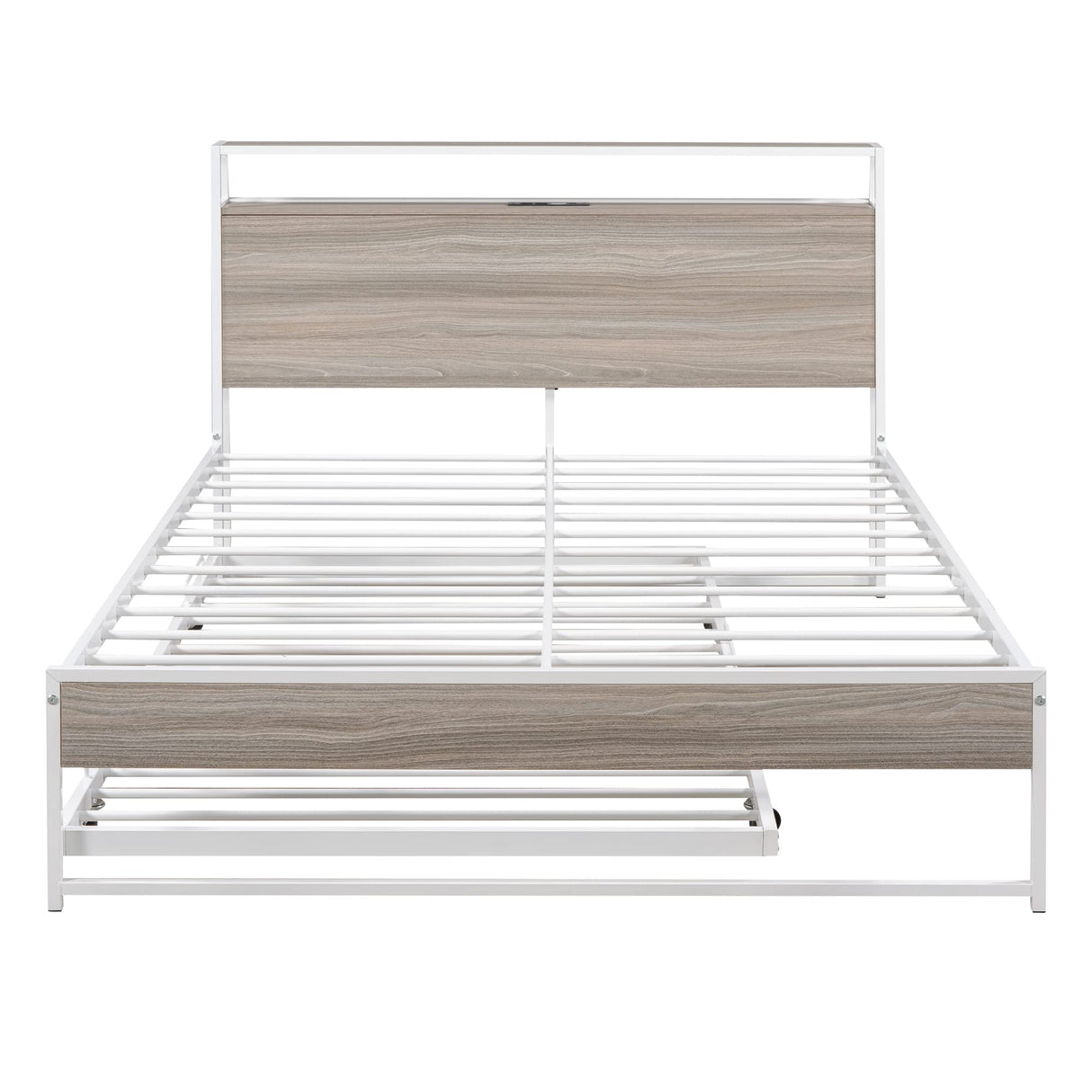 Full Bed Frame with Trundle and Outlet & USB Ports Metal Platform Bed with Wooden Storage Headboard, Full Size Metal Panel Bed with with Shelf, Noise-Free, No Box Spring Needed, White Bellemave