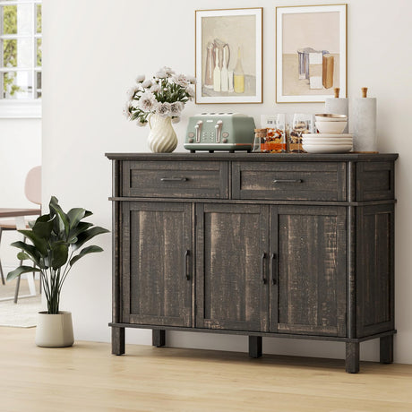 48 Inches Buffet Cabinet with Storage, Farmhouse Sideboard Buffet w/2 Drawers and 3 Doors, Wood Coffee Bar Cabinet with Adjustable Shelves, Sideboard Storage for Kitchen, Living Room, Rustic Brown ONBRILL