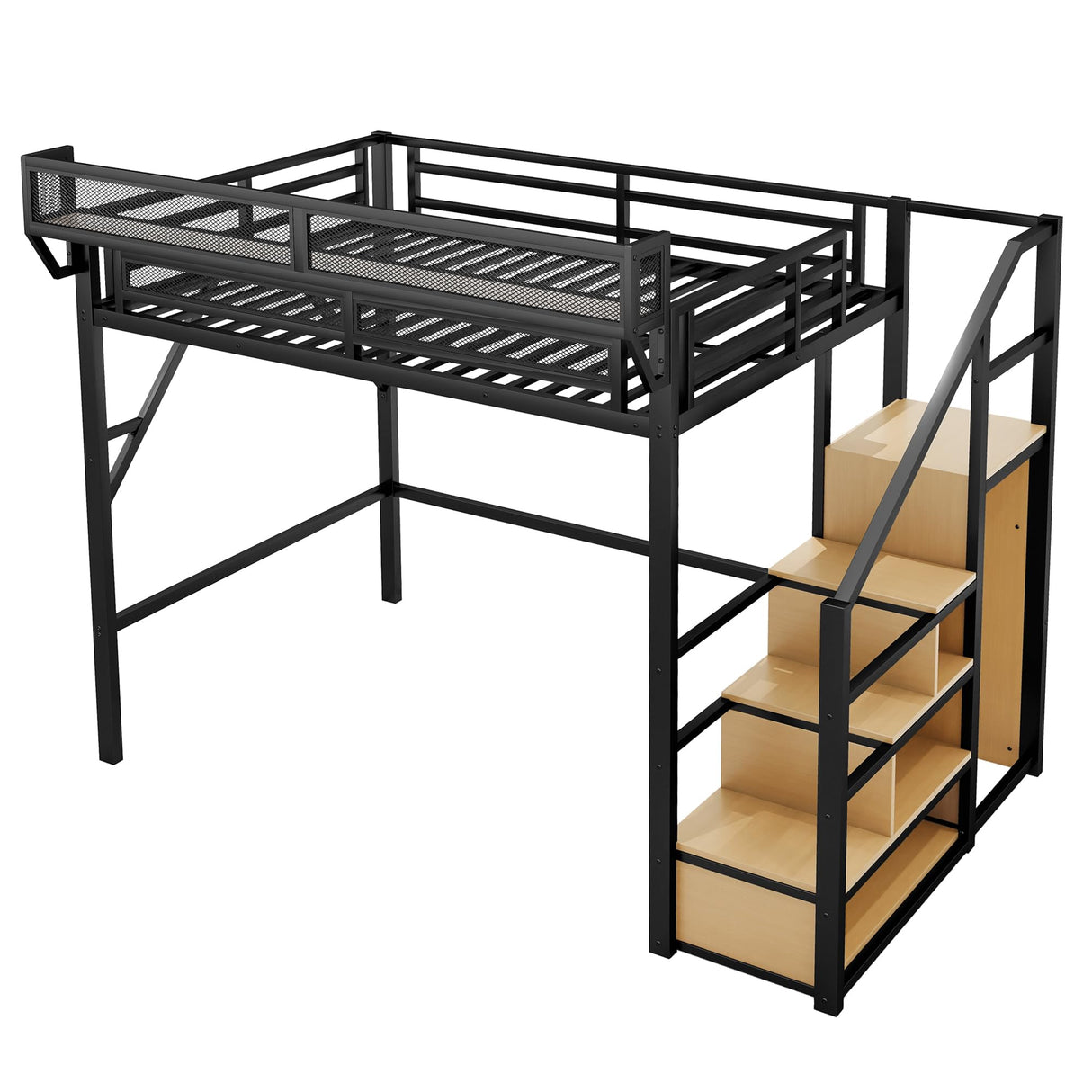 Mirightone Full Size Loft Bed with Stairs and Storage, Metal Loft Bed Frame with Bedside Shelf and Large Under-Bed Space, Heavy-Duty Bed for Adults Teens and Kids, Black Mirightone