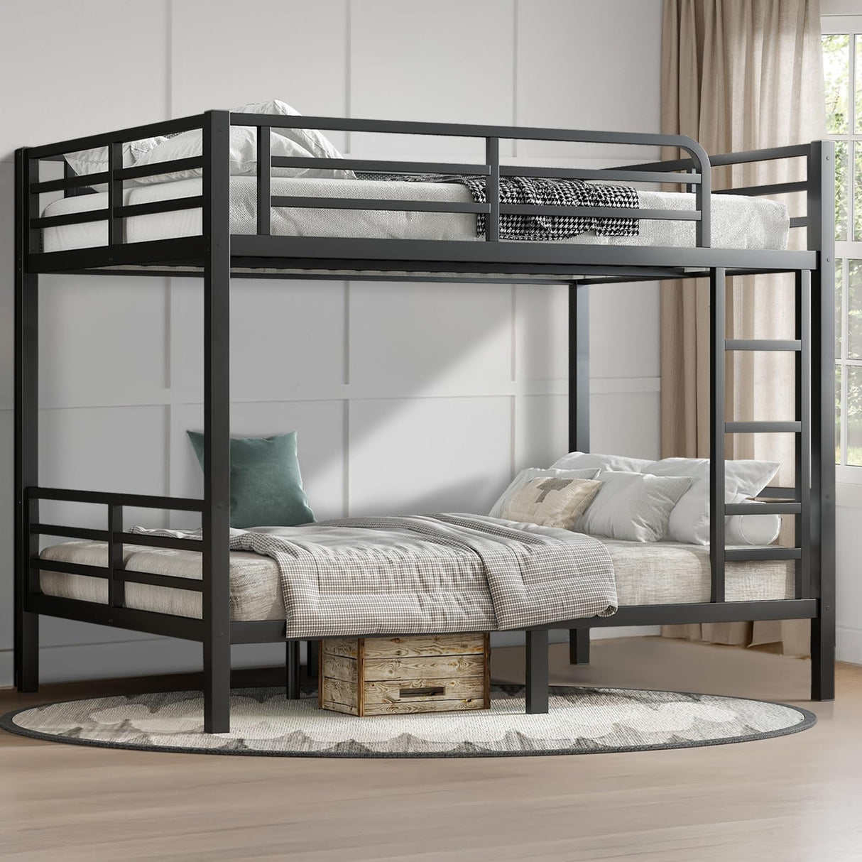 HKOLIE Full Over Full Bunk Bed, Metal Bunk Bed Frame Heavy Duty Bunk Beds Loft Bed Frame with Ladder and Guardrail Metal Slats No Box Spring Required for Adults Teens, Black HKOLIE