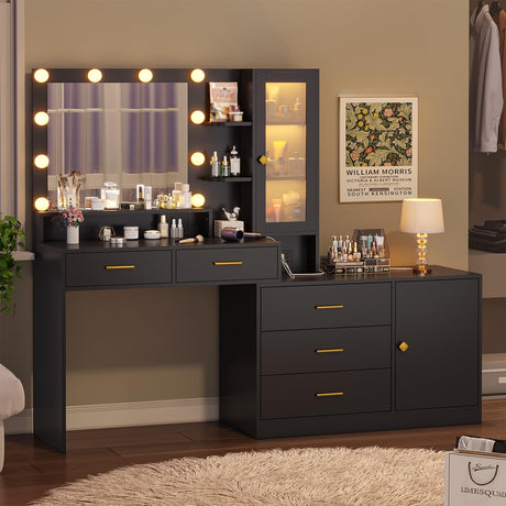 HAUOMS Large Makeup Vanity with Lights Vanity Desk with Mirror, Modern Vanity Table Set with Drawer Dresser, Charging Station & RGB Cabinets, Makeup Desk with 5 Drawers and Storage Shelves, Black HAUOMS