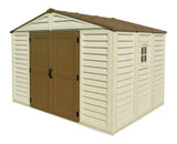 Duramax Woodbridge Plus 10.5 x 8 (8.02 m2) Plastic Garden Shed with 1 Fixed Window & Metal Foundation Kit, Strong Metal Roof Structure Fire Retardant and Maintenance-Free Storage Shed - Ivory/Brown DURAMAX