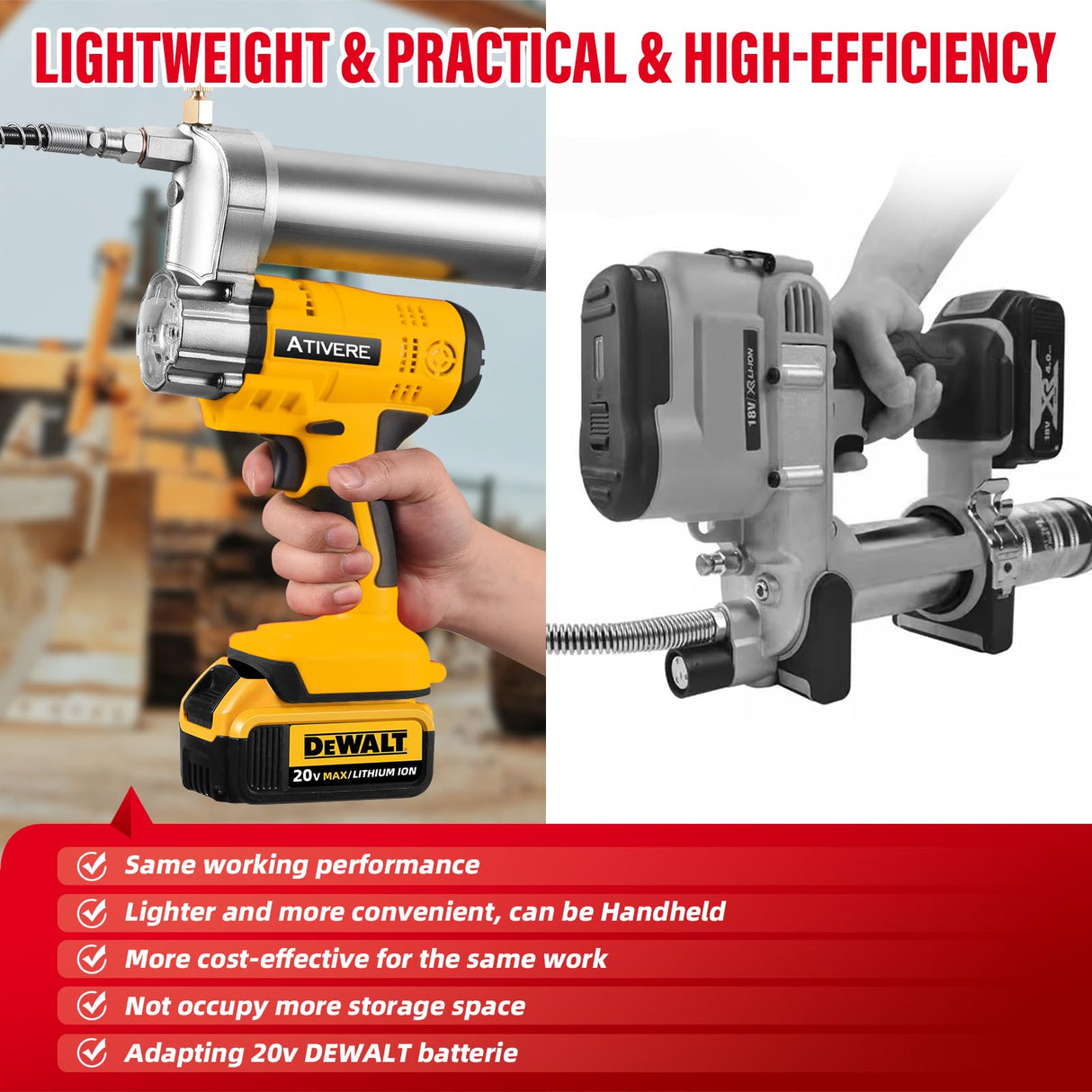 ATIVERE Lithium Battery Grease Gun Cordless for DeWalt 20V Max Battery (NO Battery) Yellow with 12” Spring Flex Hose, 10000 PSI High Pressure Quick Release Grease ATIVERE
