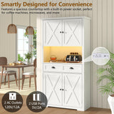 Loomie 72" Farmhouse Kitchen Pantry Cabinet With LED, Operation Table & Power Outlet, Tall Storage With Drawer, Adjustable Shelves for Dining Room (White) Loomie