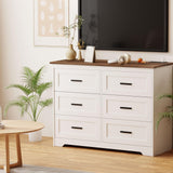GEPELCN Farmhouse Dresser for Bedroom 6 Drawers Dresser with Power Outlets Rustic Chest of Drawers with Natural Texture White Organizer for Living Room Hallway GEPELCN
