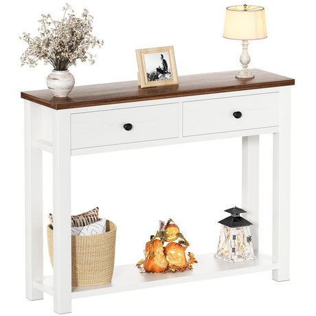 Homieasy Farmhouse Console Table with 2 Drawers, 32 Inch Small Sofa Table with Storage Shelf for Living Room, Behind Couch, Entryway Table for Hallway, Living Room, or Foyer, Rustic Brown and White Homieasy