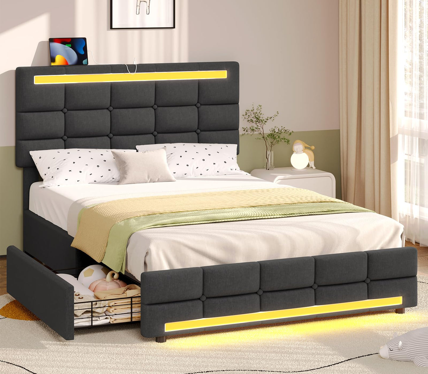 Upholstered Twin Bed Frame with LED Headboard and Storage Drawers - Dark Grey by ADORNEVE - WoodArtSupply