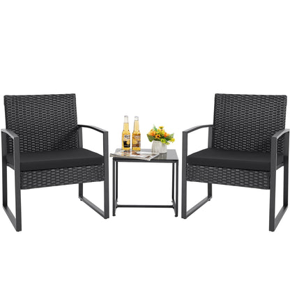 GUNJI Patio Furniture Sets 3 Pieces Outdoor Conversation Set with Coffee Table Patio Wicker Rattan Chairs Set Bistro Sets for Garden, Yard, Lawn, and Balcony (Black)
