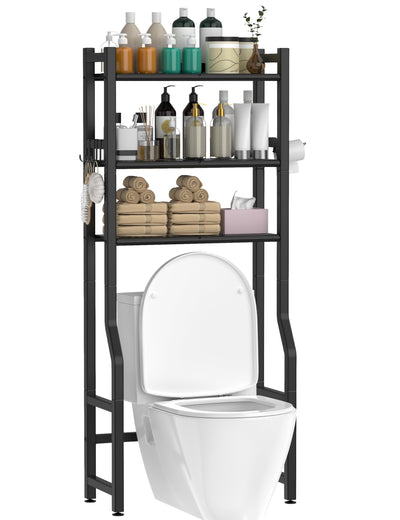 Livilord 3 Tier Over The Toilet Storage Rack with Toilet Paper Holder, Metal Freestanding Bathroom Shelves with 4 Hooks, Over Toilet Storage Shelf for Bathroom Storage, Black
