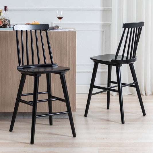 Duhome Wood Bar Stools Set of 2, Farmhouse Counter Stools 24’’ Barstool with Spindle Back Counter Height Stool Chairs for Kitchen Islands, Black - WoodArtSupply