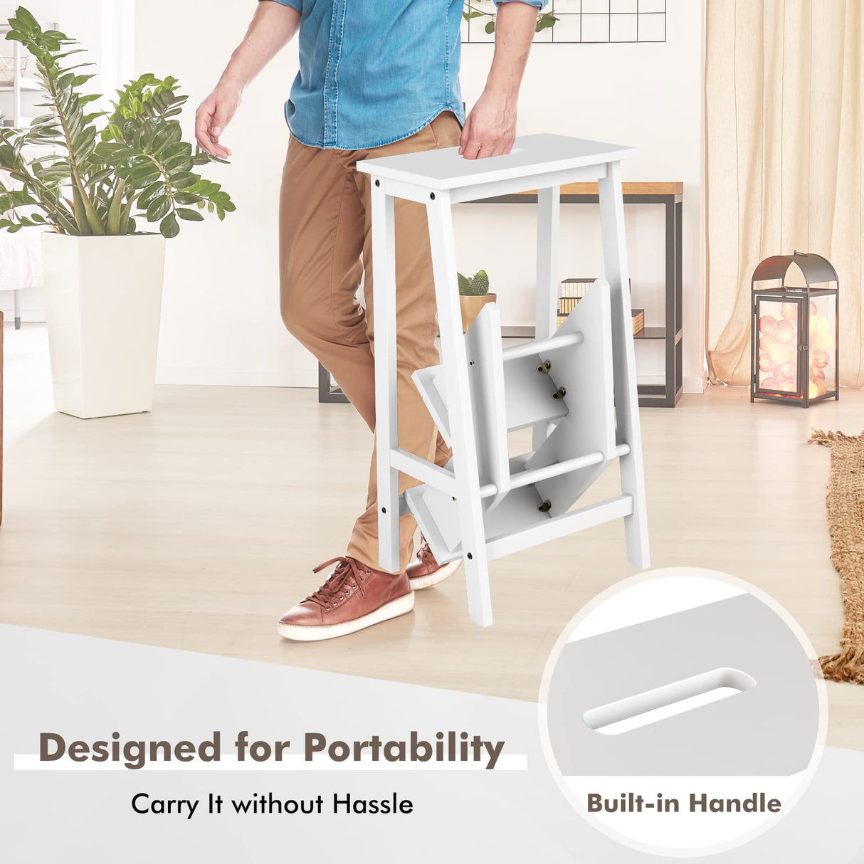 Giantex 3 Tier Folding Step Ladder, Multifunction 3-in-1 Wood Step Stool, Display Ladder and Storage Shelf for Library, Home Kitchen, Household Work, White Giantex