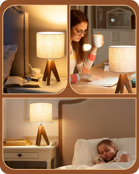 EDISHINE Small Table Lamp, Wooden Tripod Bedside Lamp with Linen Fabric Lampshade, 14.2" Nightstand Lamp for Bedroom, Living Room, Office, 2 Pack EDISHINE