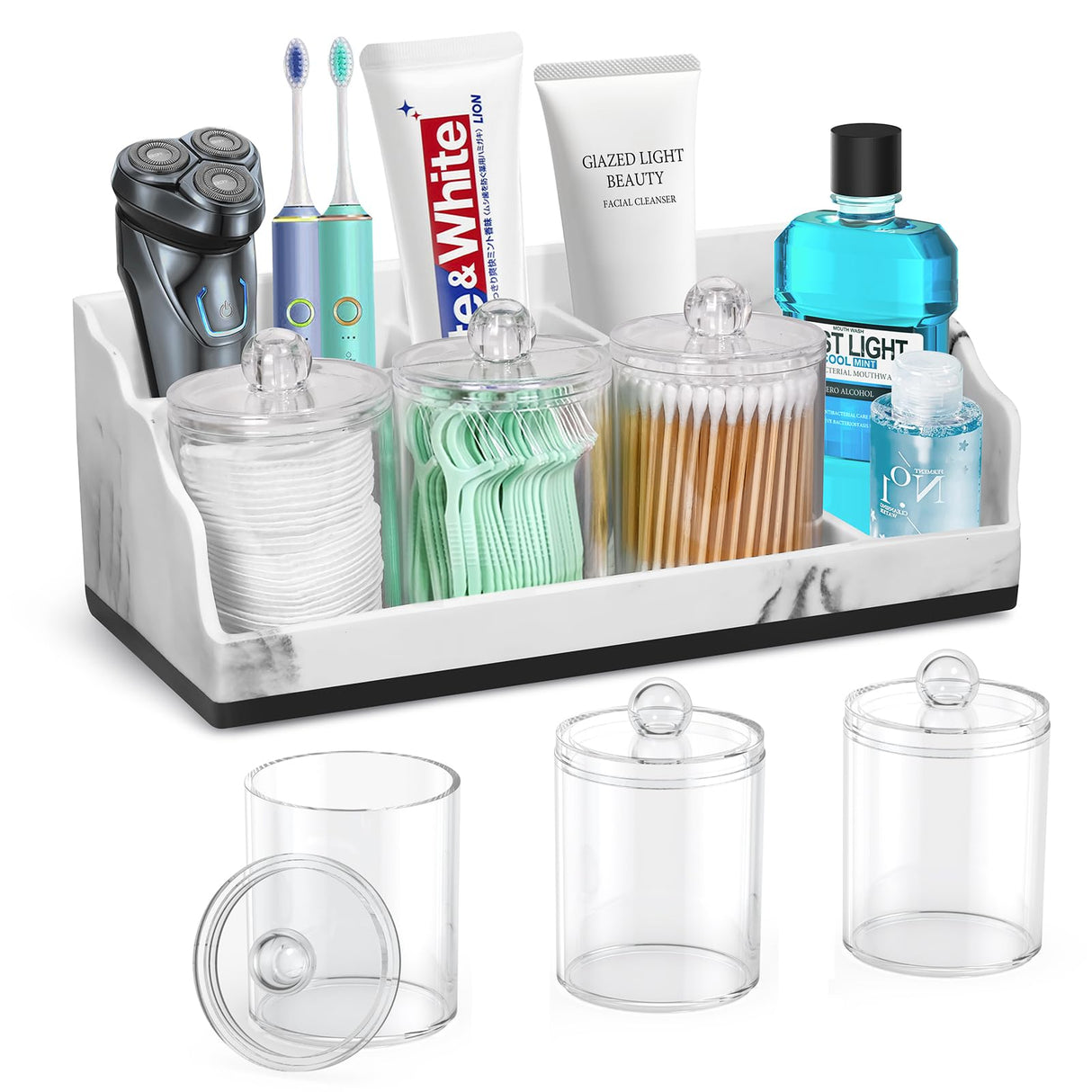 TuCao Marble Bathroom Countertop Organizer, Toothbrush Holders for Bathroom with 3PCS Qtip Holder Dispenser and Toothpaste Holder Drainage for Bathroom Accessories Organization Counter Vanity Storage TuCao