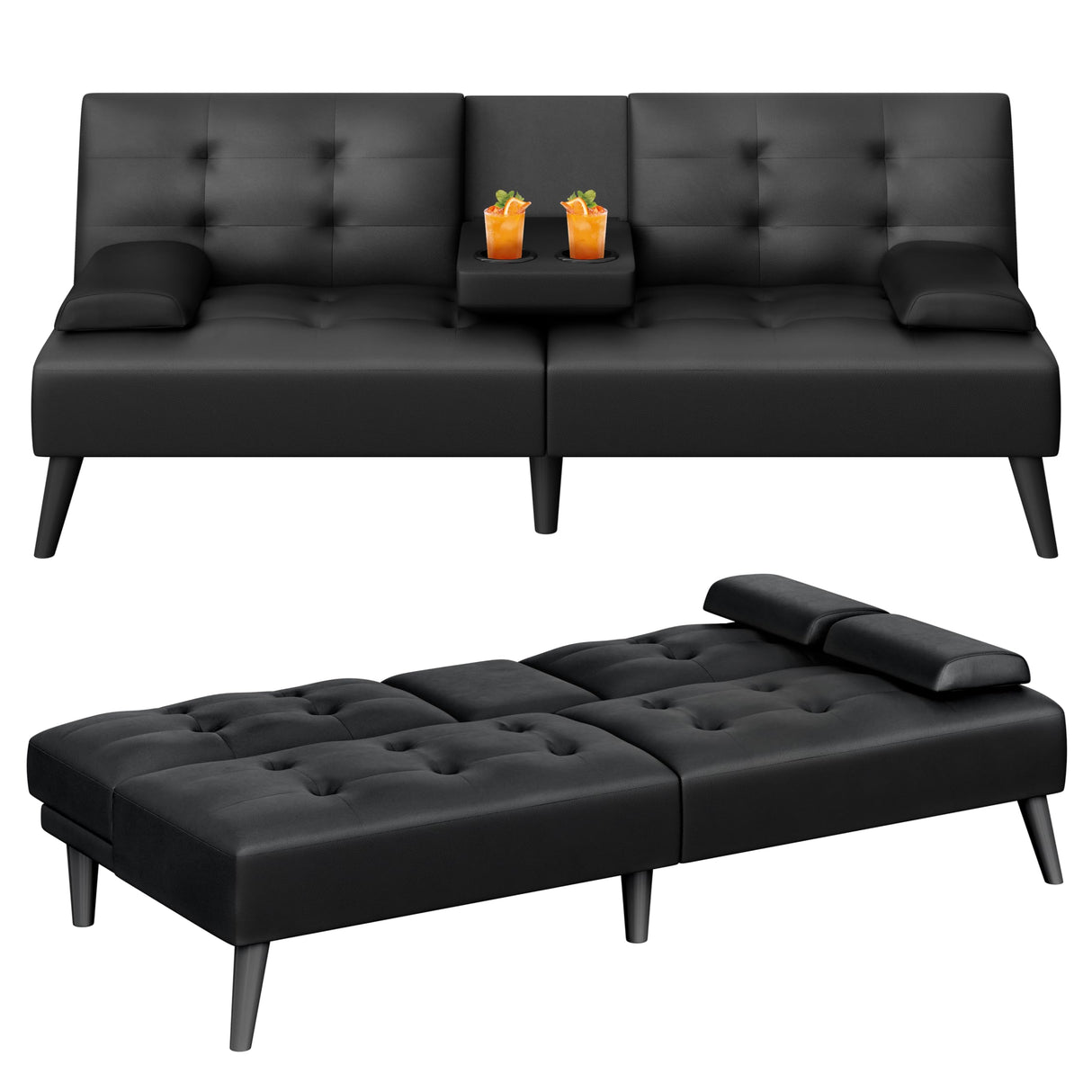 Meilocar Convertible Futon Sofa Bed Couch, Modern Folding Futon Set, Adjustable Recliner Sofa Bed for Living Room, 2 Cup Holders, Removable Armrest, 3 Angles (PU Leather, Black) Meilocar