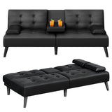 Meilocar Convertible Futon Sofa Bed Couch, Modern Folding Futon Set, Adjustable Recliner Sofa Bed for Living Room, 2 Cup Holders, Removable Armrest, 3 Angles (PU Leather, Black) Meilocar
