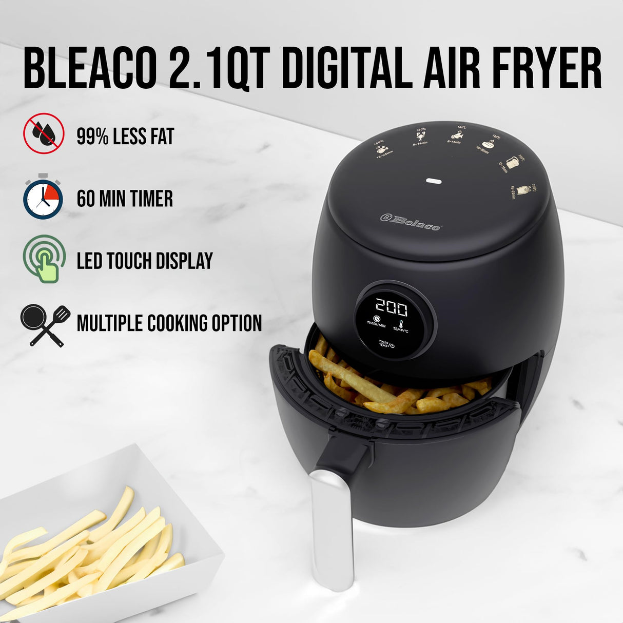 Belaco Air Fryer, 2.1Qt Digital Display, Rapid Air Circulation, Air Fryers, 60 Min Timer, Small Air Fryer, Adjustable Temperature, Dishwasher Safe Basket BEL-AF-02 Belaco