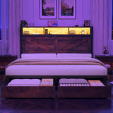 Incyneva Farmhouse Full Bed Frame with Bookcase Storage Headboard, Charging Station, LED Light and 2 Storage Drawers, Noise Free, No Box Spring Needed, Brown Incyneva