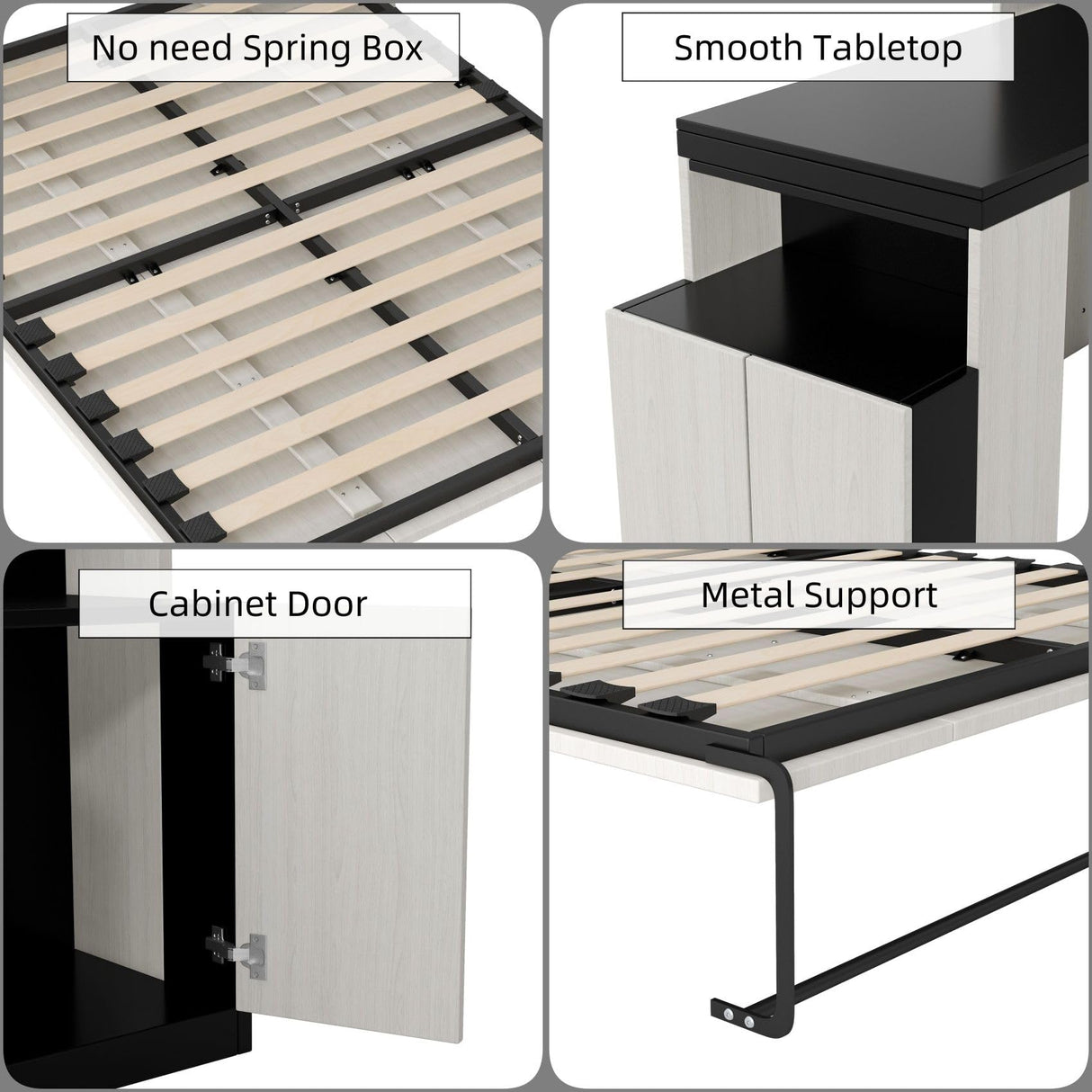 Full Murphy Bed with Desk and Storage Bookcase Shelves,Solid Wood Folding White Murphy Wall Bed with Storage Cabinet for Adults MERITLINE