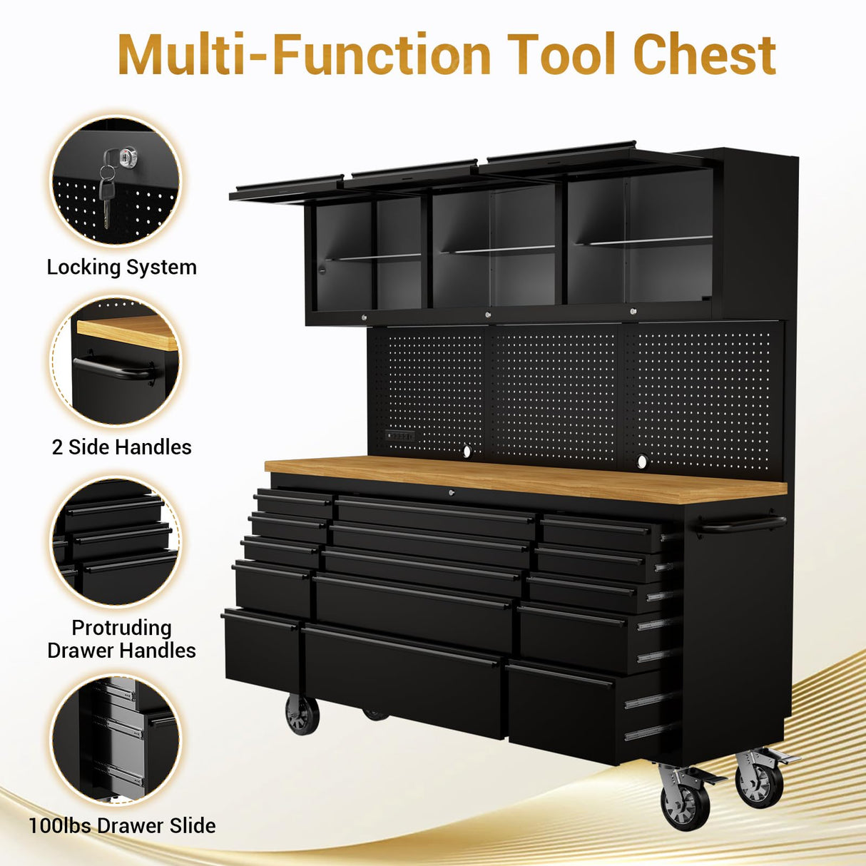 CHETTO C 72-inch Rolling Tool Chest Cabinet Mobile Workbench with 15 Storage Drawers and Wheels 3 Uper Cabinet Outlet SS Pegboard Black Tool Box for Garage CHETTO C