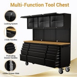 CHETTO C 72-inch Rolling Tool Chest Cabinet Mobile Workbench with 15 Storage Drawers and Wheels 3 Uper Cabinet Outlet SS Pegboard Black Tool Box for Garage CHETTO C