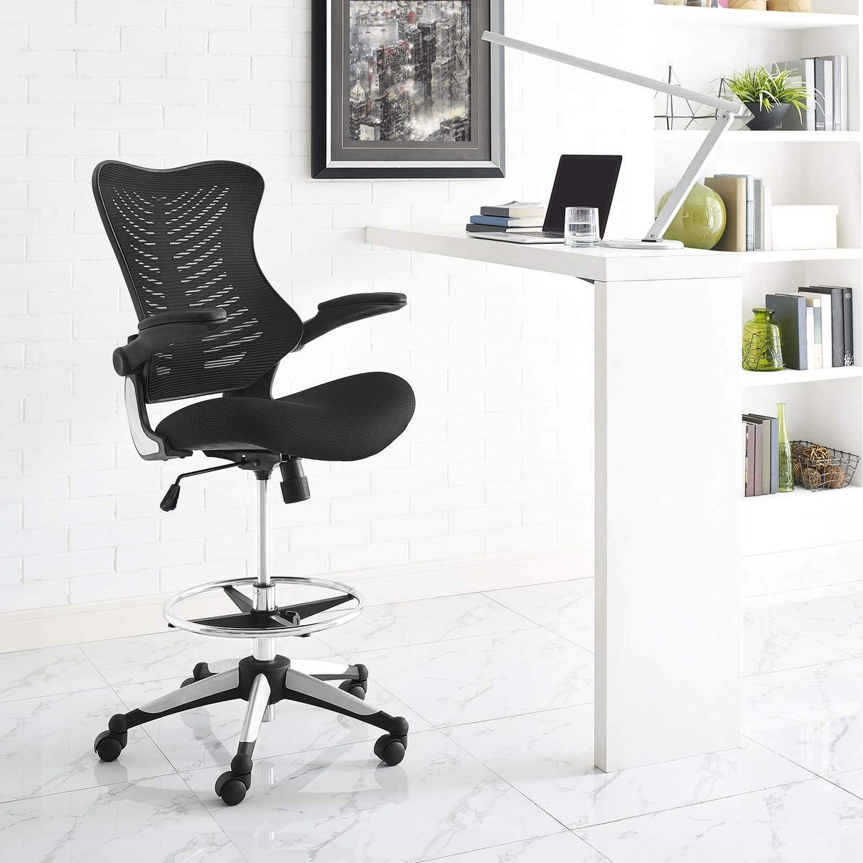 Modway Charge Drafting Chair - Reception Desk Chair - Drafting Stool with Flip-Up Arms in Vinyl, Black Modway
