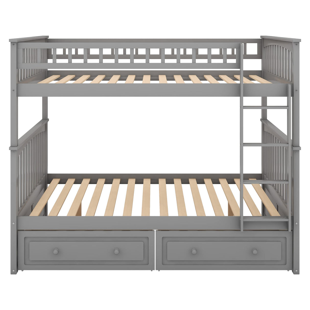 FAROUCHE Full Over Full Bunk Bed with 2 Storage Drawers, Sturdy Solid Wood Bunk Bed Frame with Ladder and Guardrails, Can be Convertible into 2 Platform Bed, Easy Assembly, Grey FAROUCHE