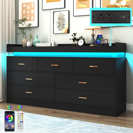 7 Drawer Dresser with LED Light and Charging Station, Modern Chest of Drawers for Closet, Wide Drawer Organizer Cabinet for Bedroom, Living Room, Entryway, Hallway, Black Hlivelood
