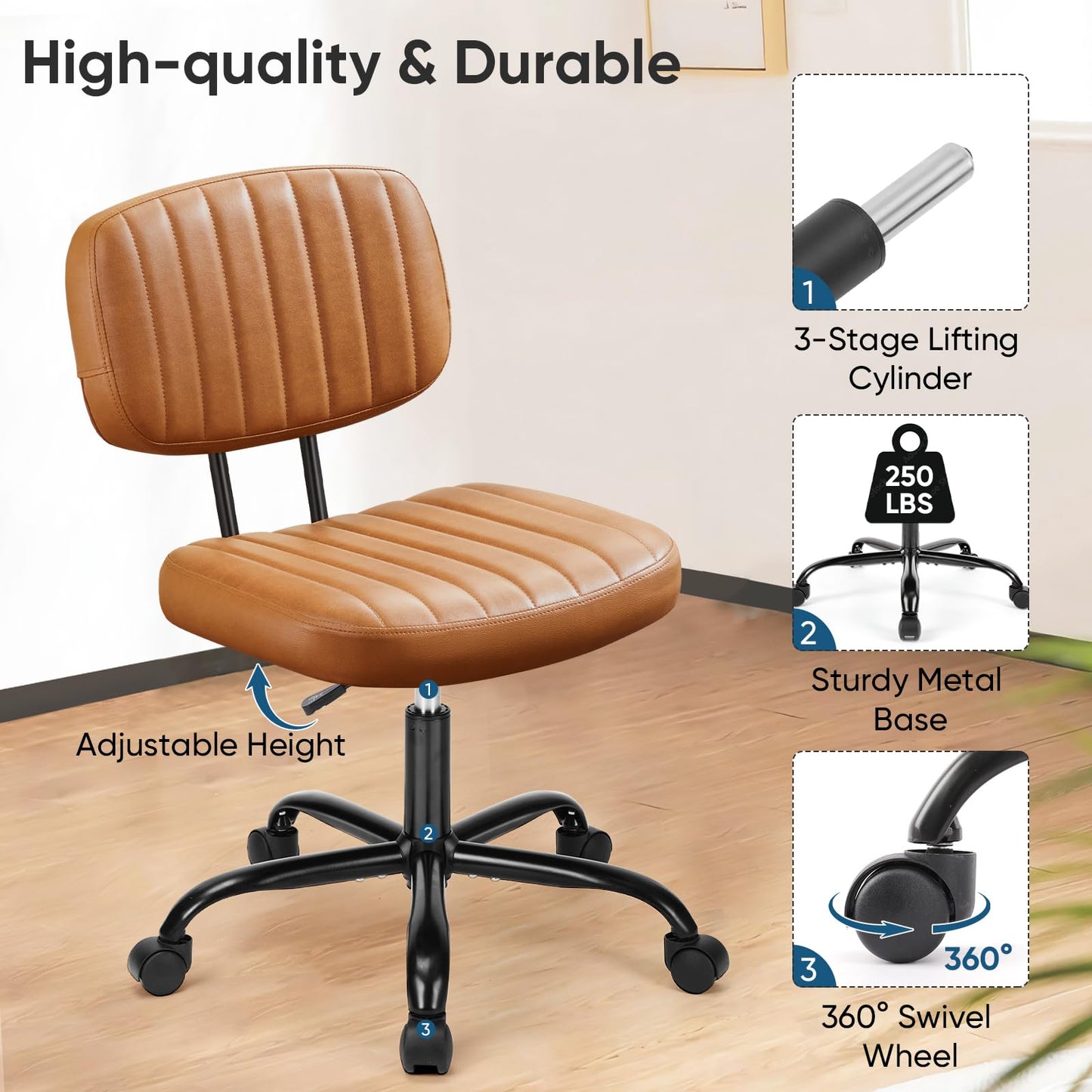 Armless Home Office Desk Chair -Small Ergonomic with Low Back Lumbar Support, Height Adjustable PU Leather Computer Task with 360° Swivel Rolling Wheels, for Small Space, Brown - WoodArtSupply