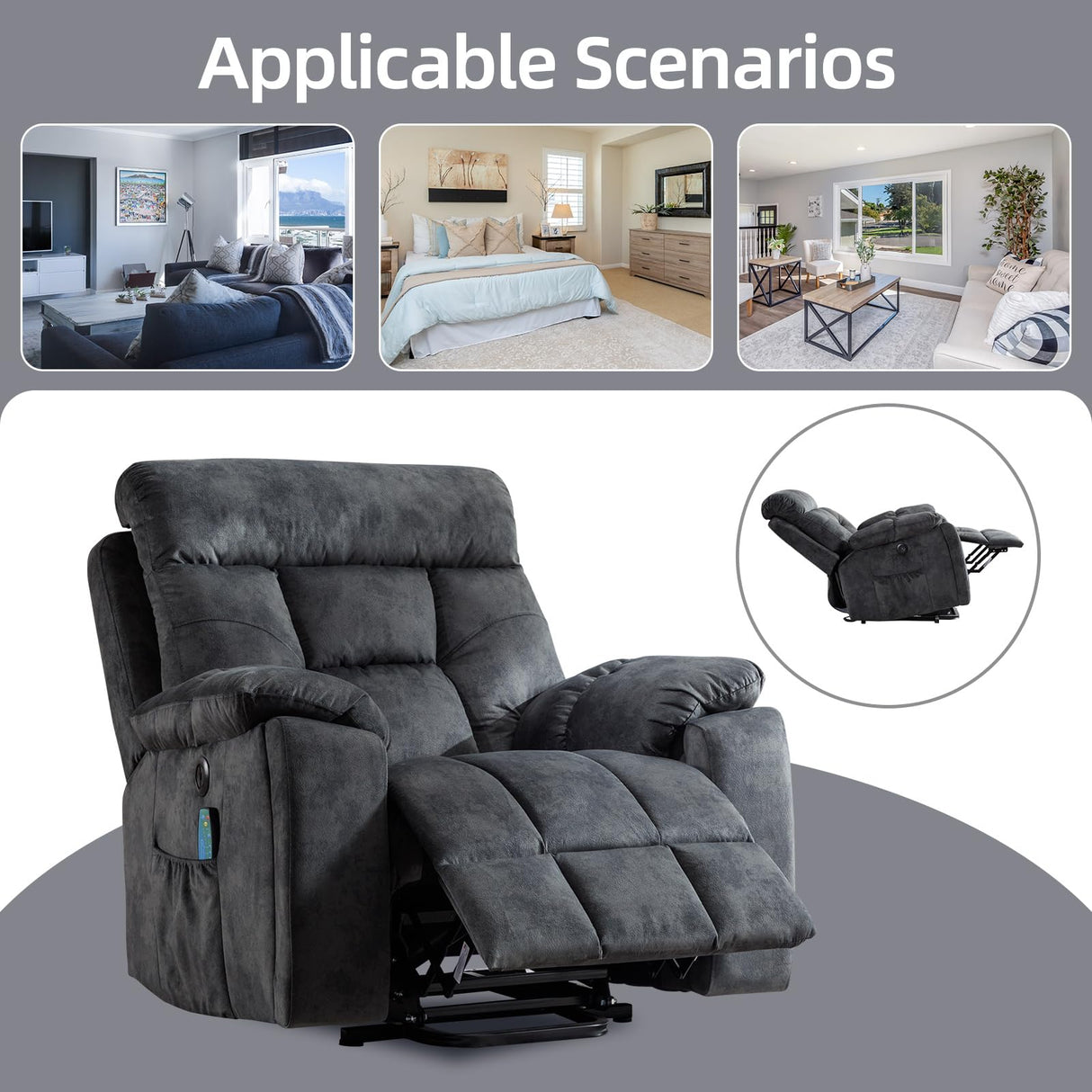 CANMOV Large Power Lift Recliner Chair with Massage and Heat for Elderly Big and Tall People, Overstuffed Wide Recliners with 2 Cup Holders, Side Pocket and USB Port, Grey CANMOV