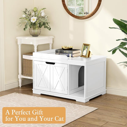 PUPETPO Flip Top Cat Litter Boxes Enclosure Covered Litter Box Hidden Furniture Wooden Cat Washroom Cabinet for Kitty, Medium and Large Cat White - WoodArtSupply