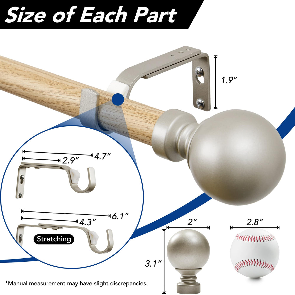 Deconovo 48-84 Inch Heavy Duty Curtain Rods, 1 Inch Diameter Splicing Curtain Rods for Windows, Decorative Grey and Wood Curtain Rods with Round Ball Finals Deconovo