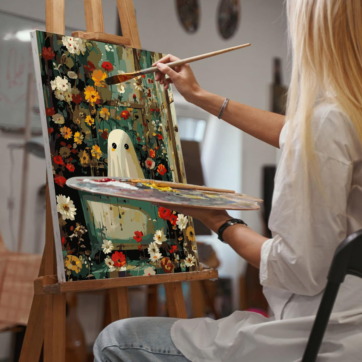 Yezavesu Halloween Paint by Numbers Kit for Adults Beginner, Ghost Adult Paint by Number Kits on Canvas Without Frame, DIY Acrylic Flowers Painting by Numbers for Home Wall Decor Gift 16x20 Inch Yezavesu